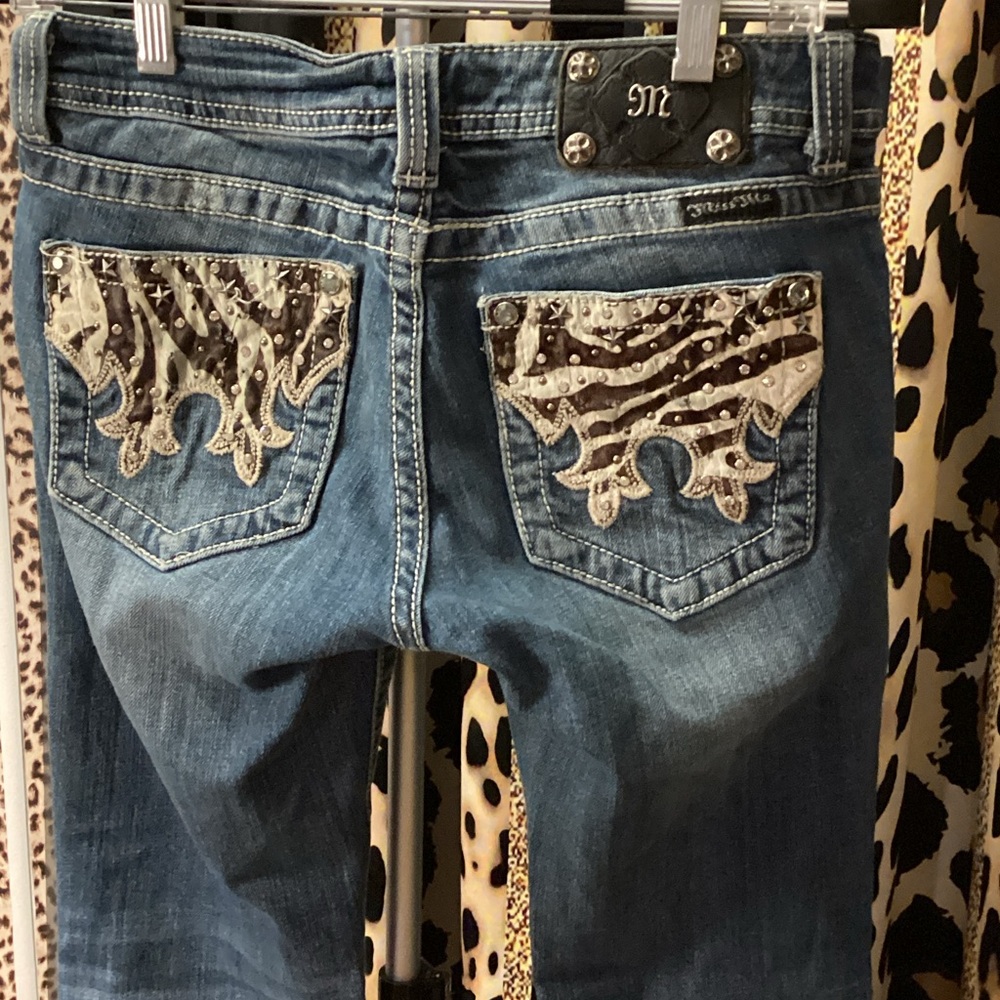 Miss Me Medium Blue Bootcut Jeans with Zebra-Print Embellished Pockets